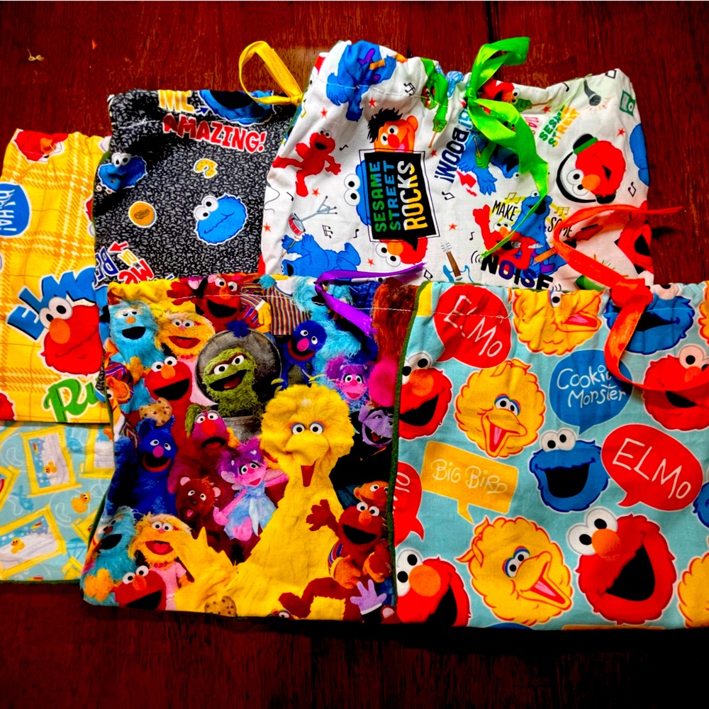 Homemade Sesame Street drawstring fabric goody bags